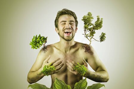 Go vegan concept, vegetarian and green lifestyle, man bloomingの写真素材