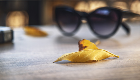 Sunglasses next to yellow fallen autumn leaves on a tableの写真素材