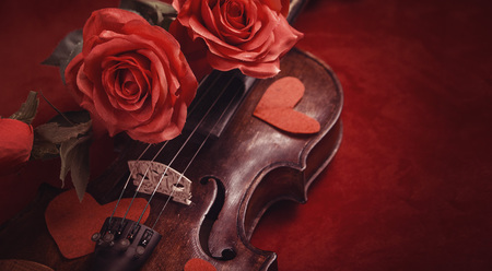 Romance and valentines day concept: old antique violin with lush red roses, on a dark red backgroundの写真素材