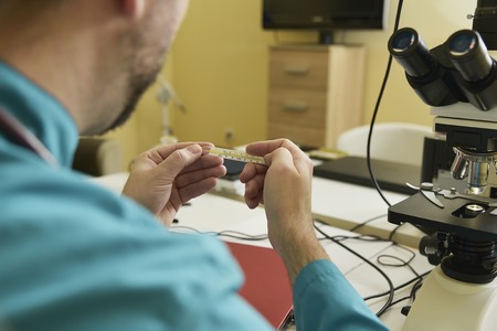 Young doctors hands holding a thermometer over a pile of medicineの写真素材