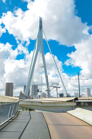 APRIL 2015, ROTTERDAM NETHERLANDS: Close view of Erasmus Bridge, The Swan, on a beautiful sunny dayのeditorial素材