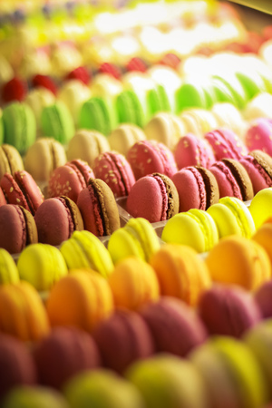 Many colorful macarones, macaroones, french sweet cookies closeupの写真素材