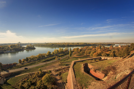View of Kalemegdan fortress in Belgrade, Serbia, vast green fields on a bright sunny dayの写真素材