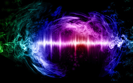 Music abstract concept illustration, sound wave and smoke colored and glowing, graphic resourceの写真素材