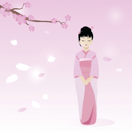 Cartoon pretty geisha character against the backdrop of cherry blossomsのイラスト素材