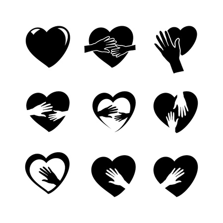 black hands holding a heart icons isolated on white background, vector illustrationのイラスト素材