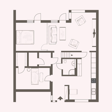 drawing of building with furniture in pink and brown
