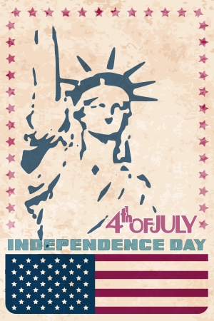 Statue of Liberty on grungy background. USA Independence day vintage card. のイラスト素材