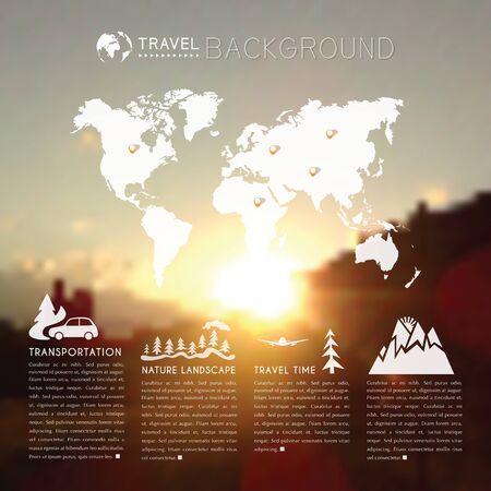 Blurred natural landscape with world map and travel icons. web and mobile interface background. Blurred mountains at sunset. Vector illustrationのイラスト素材