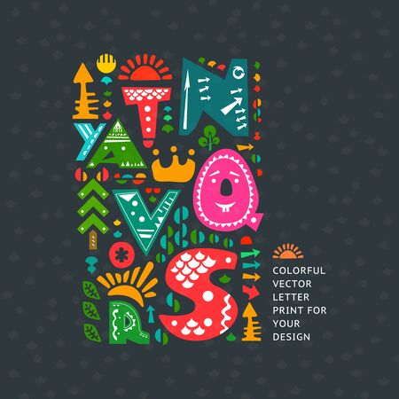 colourful print on dark background. Alphabet cute letters and other design elements in ethnic styleのイラスト素材