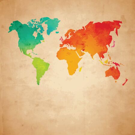 Colorful vector world map on aged paper textureのイラスト素材