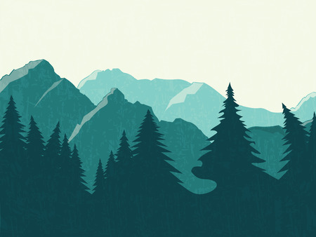Mountains vector landscape. Panoramic view of the forest and mountains. Flat designのイラスト素材