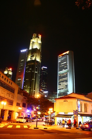 Urban Landscape Singapore Night, Modern building old House, UOB OCBC のeditorial素材