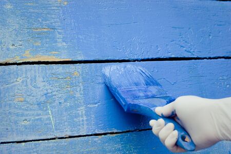 hand painting blue wooden wallの写真素材