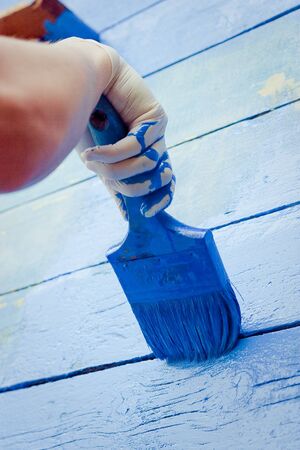 hand painting blue wooden wallの写真素材