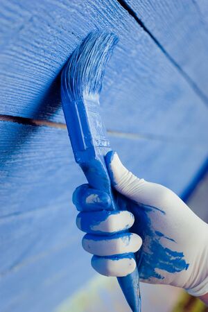 hand painting blue wooden wallの写真素材