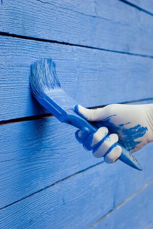 hand painting blue wooden wallの写真素材