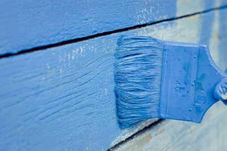 hand painting blue wooden wall の写真素材