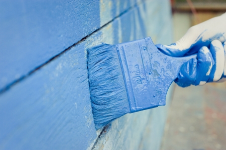 hand painting blue wooden wallの写真素材