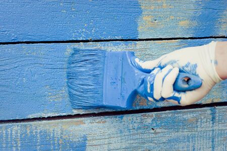 hand painting blue wooden wallの写真素材
