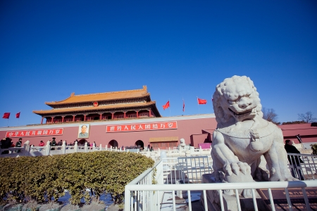 BEIJING-FEBRUARY 2013: A soldier guards the main entrance of Tiananmen Gate Of Heavenly Peace, monument of the revolution on February 16 , 2013 in Beijing, Chinaのeditorial素材