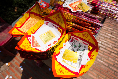 Offerings to gods in  temple with aroma sticks in Cambodiaの写真素材