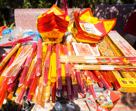 Offerings to gods in  temple with aroma sticks in Cambodiaのeditorial素材