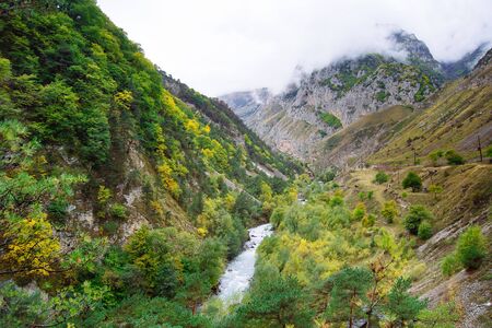 Beautiful view of mountain river in autumn, North Ossetia,  Russiaの写真素材