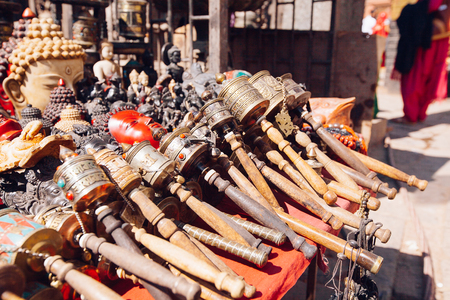 Nepali Souvenirs offered on a market, Kathmandu, Nepalの写真素材