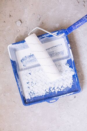 Blue bucket with white paint and a brush roller paint tray