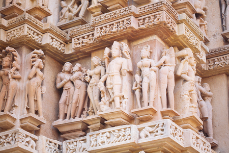 Ancient bas-relief at famous erotic temple in Khajuraho, India. Unesco World Heritage Siteの写真素材