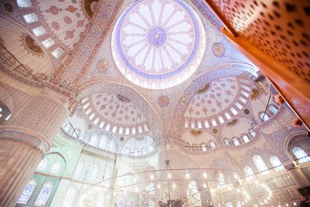 ISTANBUL, TURKEY - JAN 13, 2018: Interior of the Sultanahmet Mosque (Blue Mosque) in Istanbul,...