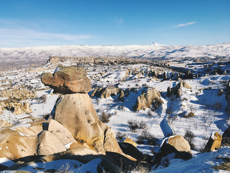 Breathtaking view of Valley in winter season, Cappadocia national park, Turkeyの写真素材