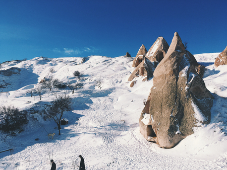 Breathtaking view of Valley in winter season, Cappadocia national park, Turkeyの写真素材