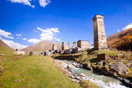 Ushguli village with typical old towers, Unesco heritage, Svaneti region, Georgiaのeditorial素材
