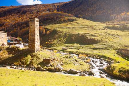 Ushguli village with typical old towers, Svaneti region, Georgiaの写真素材