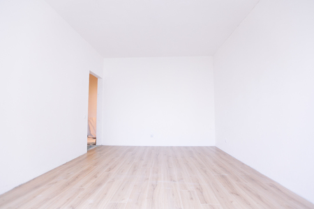 Photo of a white empty scandinavian room interior with wooden floor and walls. Home nordic interior.の写真素材