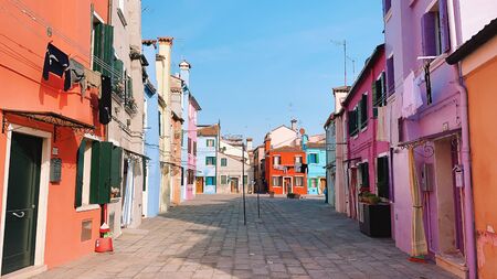 BURANO, ITALY - JANUARY 20, 2020: Colorful houses on the island of Burano in Italy. Burano island is famous for its colorful fisherman's houses.のeditorial素材