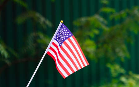 American Flag waving in the green grass background. A patriotic national flag with wavesの写真素材
