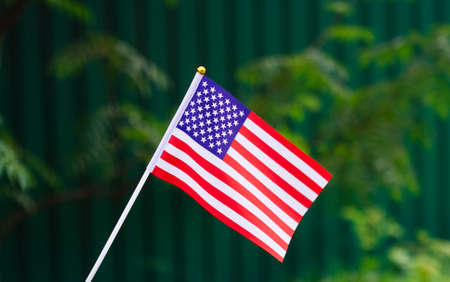 American Flag waving in the green grass background. A patriotic national flag with wavesの写真素材