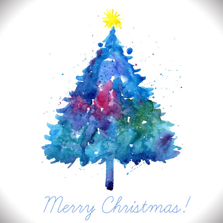 Merry Christmas greeting card with hand drawn blue watercolor tree.のイラスト素材