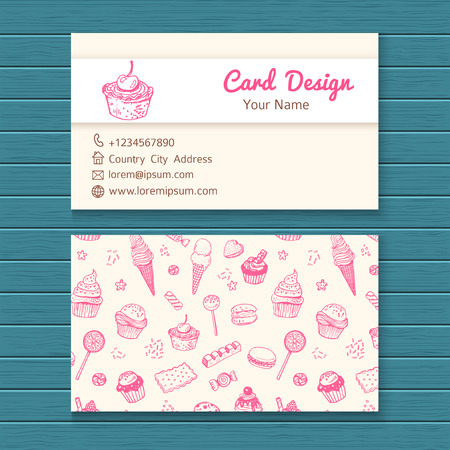 Business card template with hand drawn sweets set.のイラスト素材