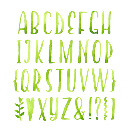 Hand drawn calligraphic green watercolor font.のイラスト素材