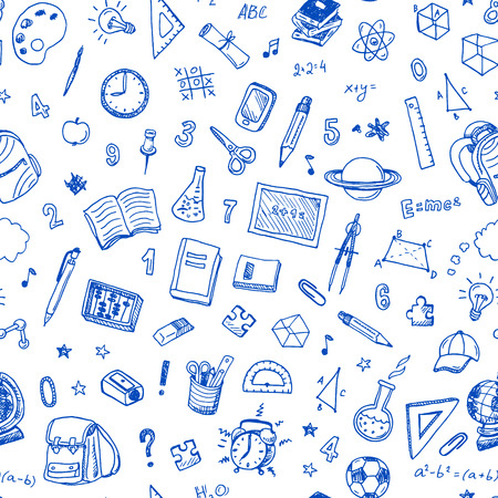 Hand drawn seamless pattern with school sign and symbol doodles elements.のイラスト素材