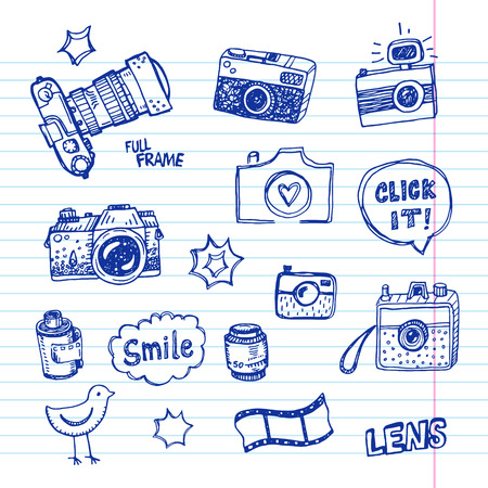 Hand drawn vector illustration set of photography sign and symbol doodles elements.のイラスト素材