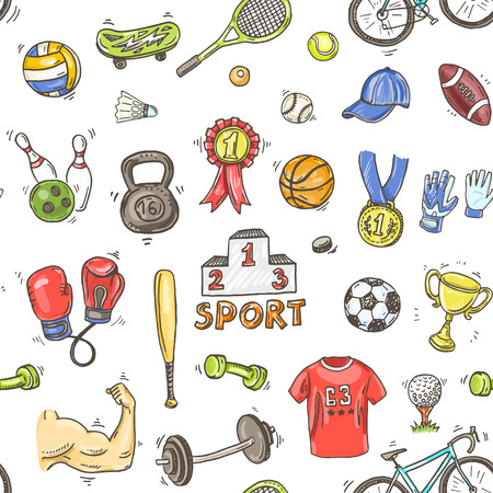 Hand drawn doodle sport seamless pattern. Vector background for your design.のイラスト素材