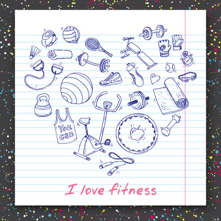 Hand drawn vector illustration set of fitness and sport sign and symbol doodles elements.のイラスト素材