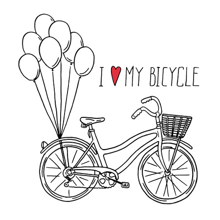 Hand drawn bicycle with balloons illustration.のイラスト素材