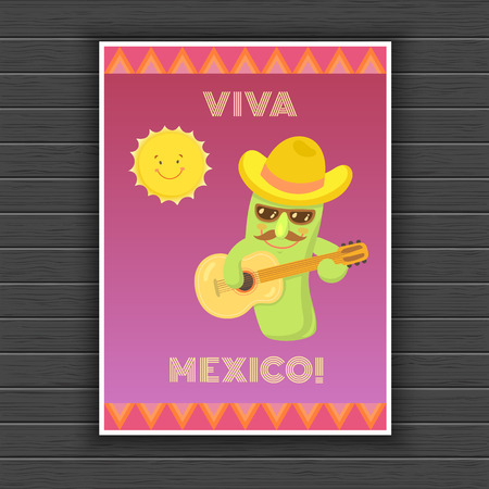 Mexican cactus cartoon characters with mustache, sombrero, sunglasses, and guitarのイラスト素材