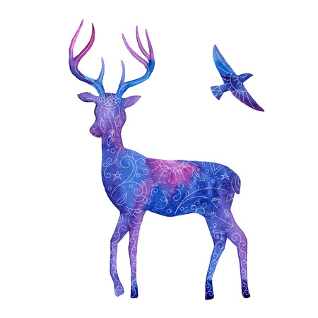 Hand drawn watercolor illustration. Silhouette of a deer and flying bird.のイラスト素材